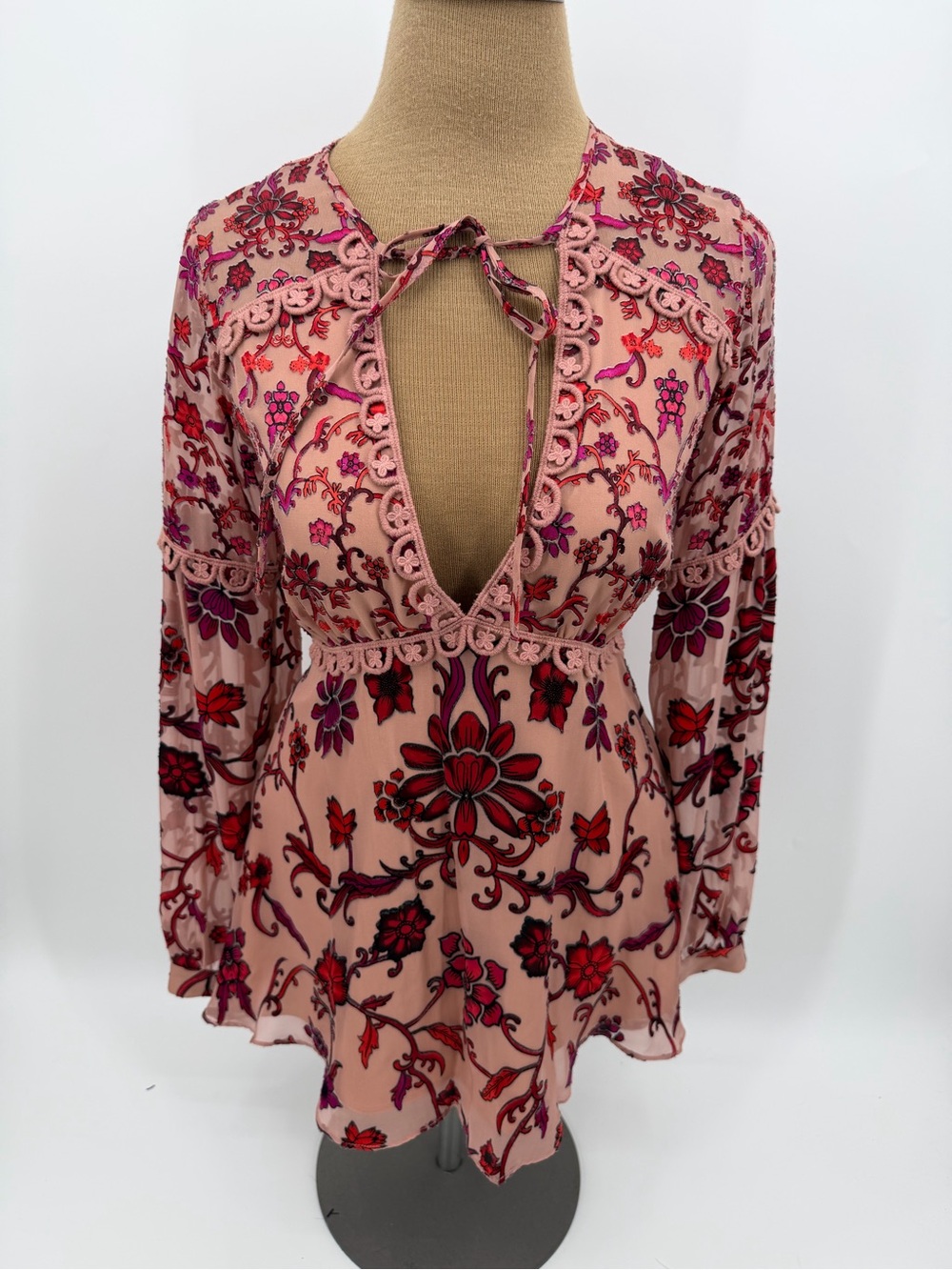 For Love & Lemons Floral Mesh Boho Deep V Tie Neck Button Cuff Blouse Size S
